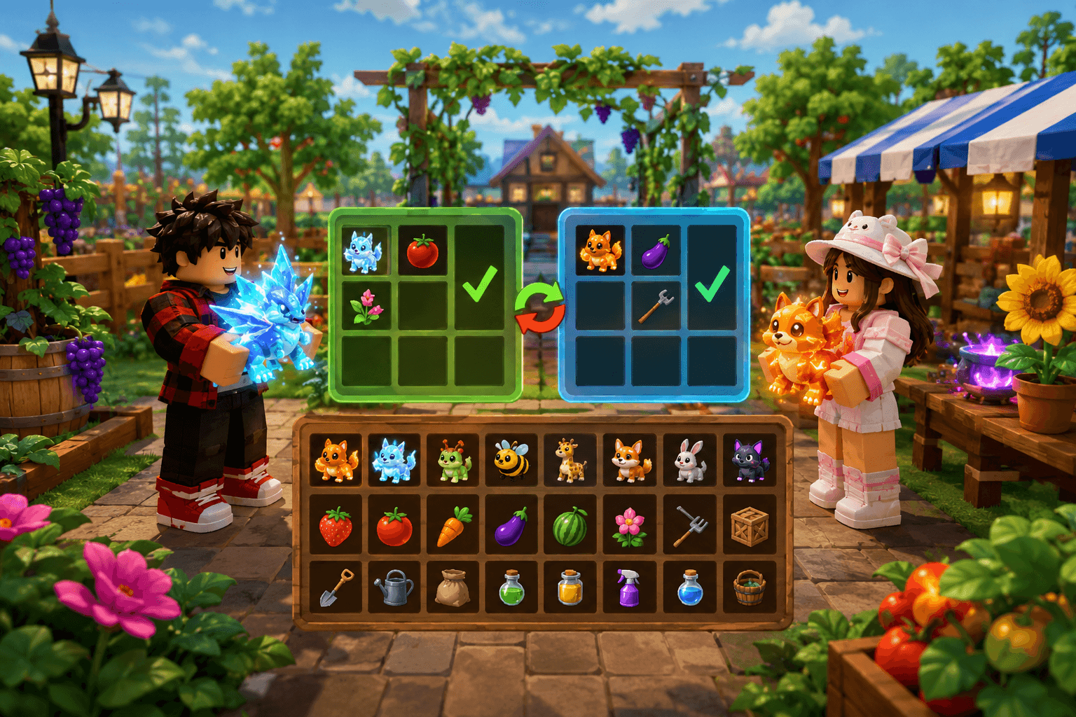 Grow a Garden players comparing pets, crops, and items before completing a trade