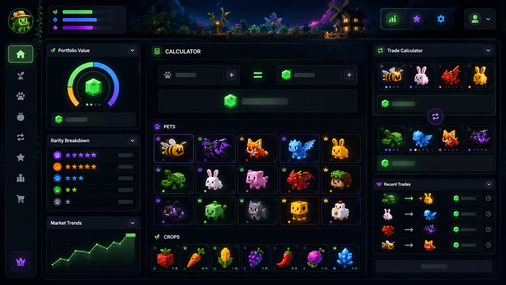 Grow a Garden Calculator dashboard showing pet values, crops, and trading calculations