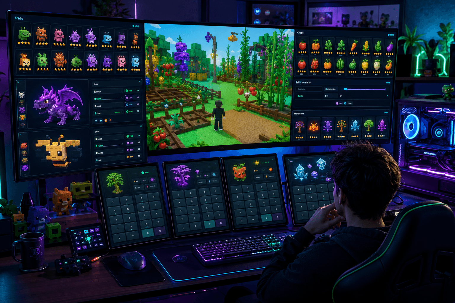 Player using Grow a Garden Calculator on multiple screens to compare trading values